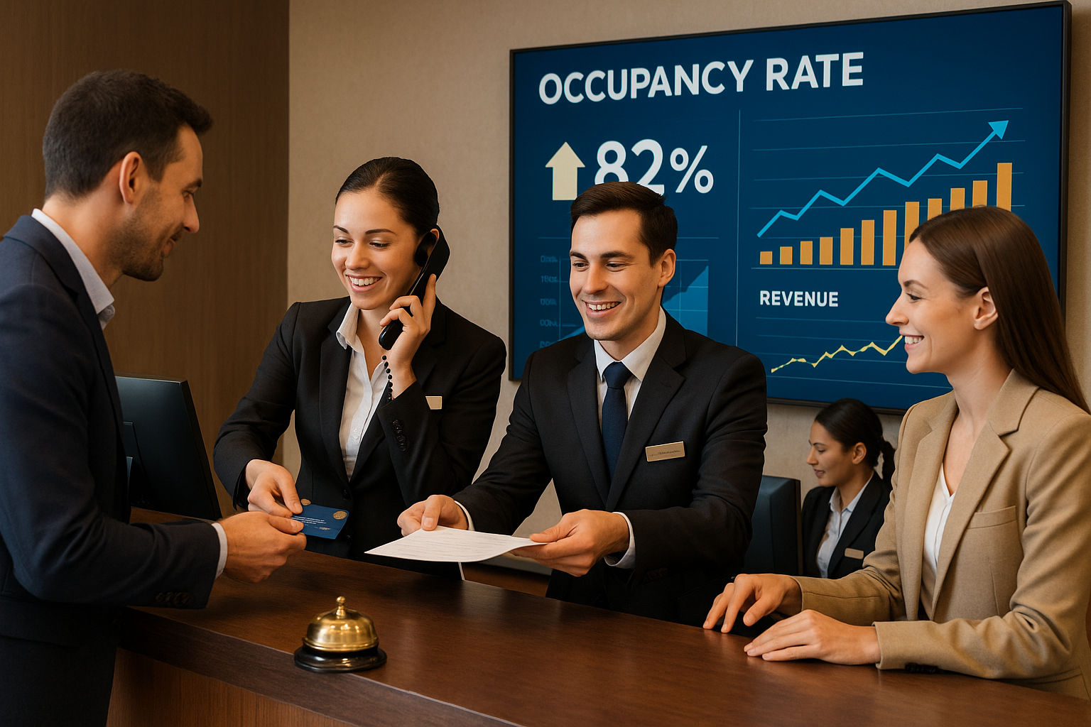 Gestor de hotel analisando sistema de gestão hoteleira digital com gráficos de reservas, check-in online e integração com OTAs.