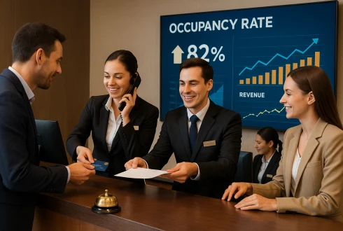 Gestor de hotel analisando sistema de gestão hoteleira digital com gráficos de reservas, check-in online e integração com OTAs.